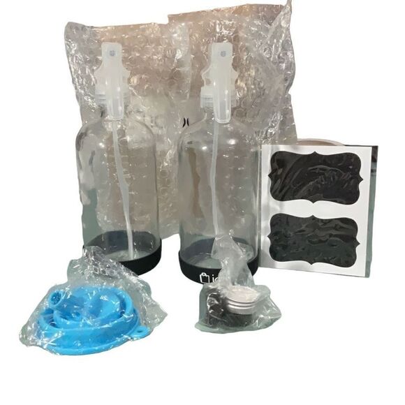 Clear Glass Spray Bottles Set of 2 16 oz Silicone base Funnel Caps Stream/Mist - Picture 2 of 5